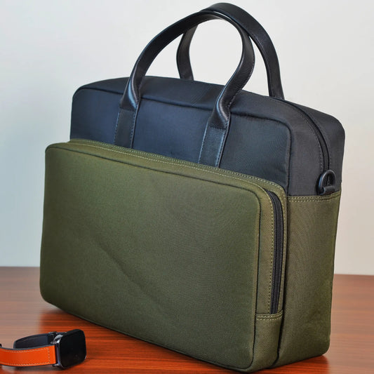 Two-Tone Black & Olive Green Briefcase Bag for Men