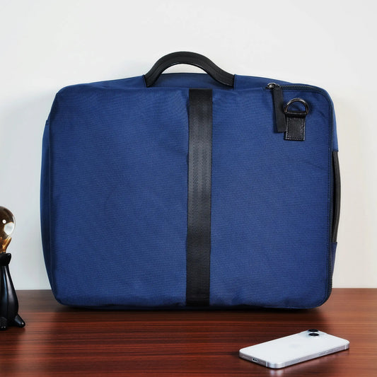 Dark Blue Canvas Messenger Bag with Leather Accents & Multi-Pockets