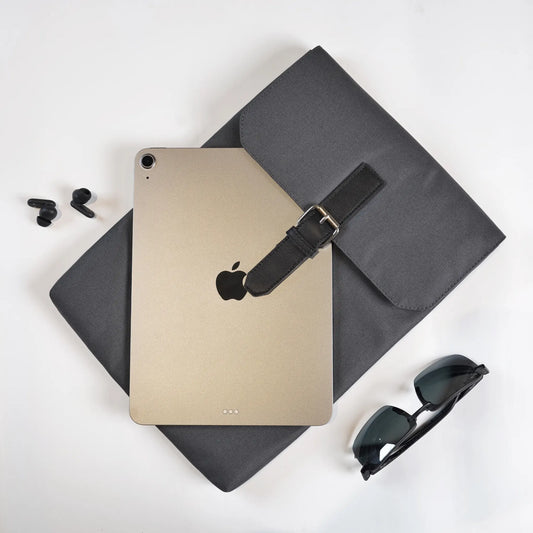 Dark Gray Laptop Bag Sleeve with Black Leather Strap & Buckle