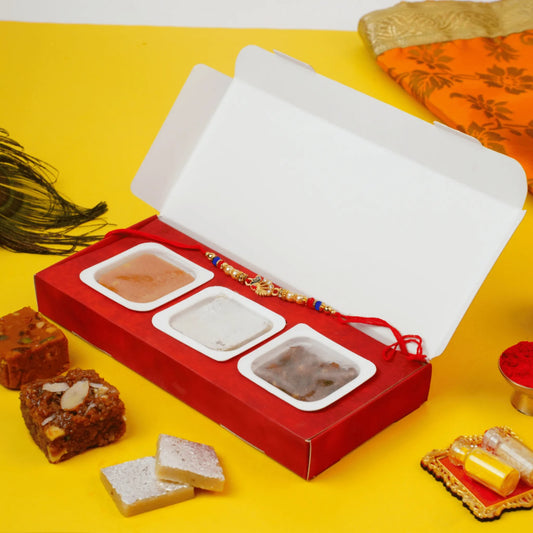 MishtCult Luxe Gift Box with Assorted Indian Sweets (Kaju Katli, Dodha Burfi, Besan Burfi) – Premium Gift Packaging – Red