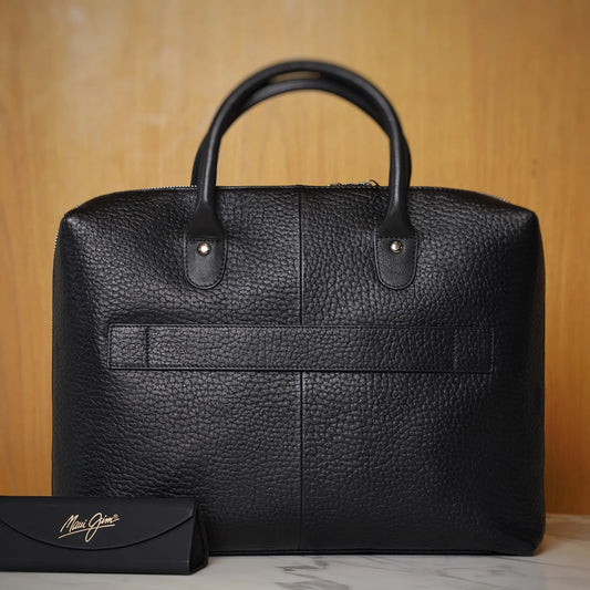 Black Leather Briefcase Bag for Men – Pebbled Finish with Front Pocket & Top Handles