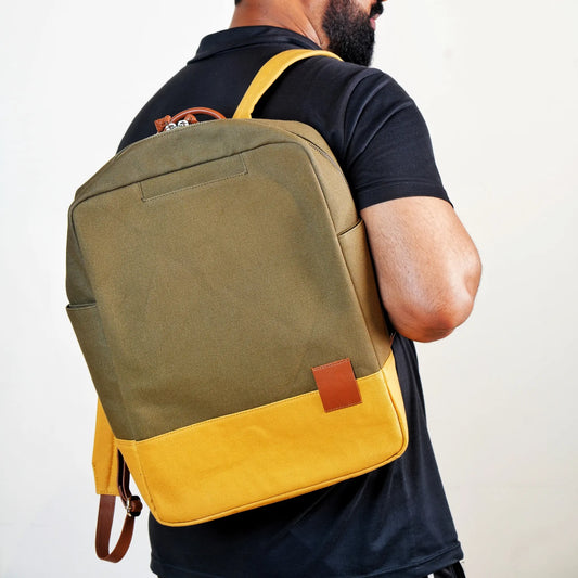 Two-Tone Canvas Backpack Bag with Dark Olive Top and Yellow Bottom