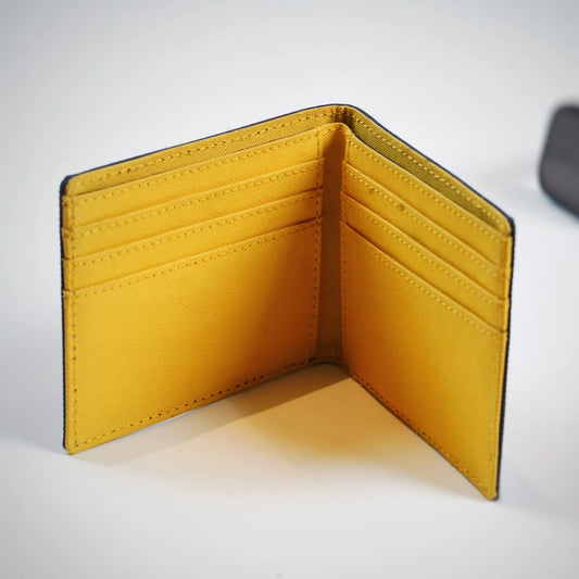 Blue Canvas Bifold Wallet for Men with Brown Leather Accent and Yellow Interior
