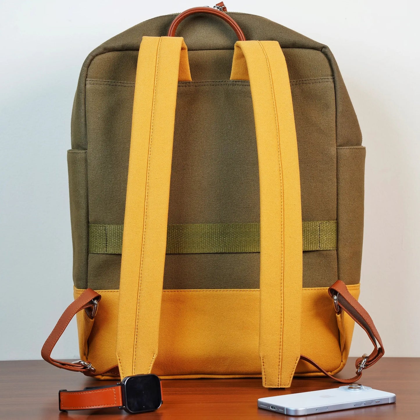 Two-Tone Canvas Backpack Bag with Dark Olive Top and Yellow Bottom