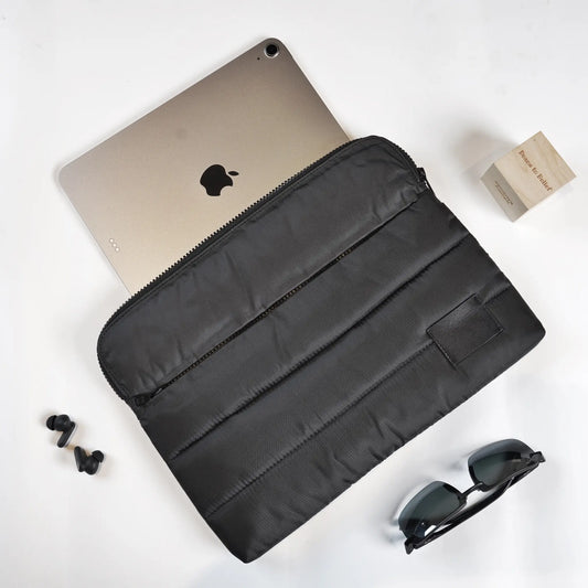 Quilted Black Laptop Bag Sleeve with Front Zipper