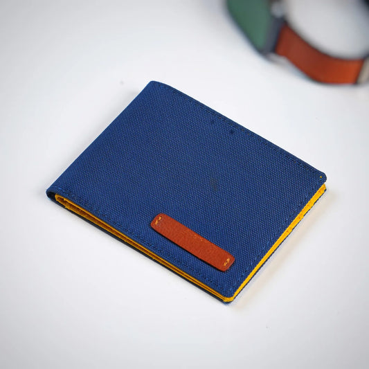 Blue Canvas Bifold Wallet for Men with Brown Leather Accent and Yellow Interior