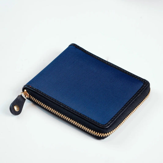 Dark Blue Fabric Wallet for Men with Black Leather Trim and Gold Zipper – Compact Bifold Card Holder