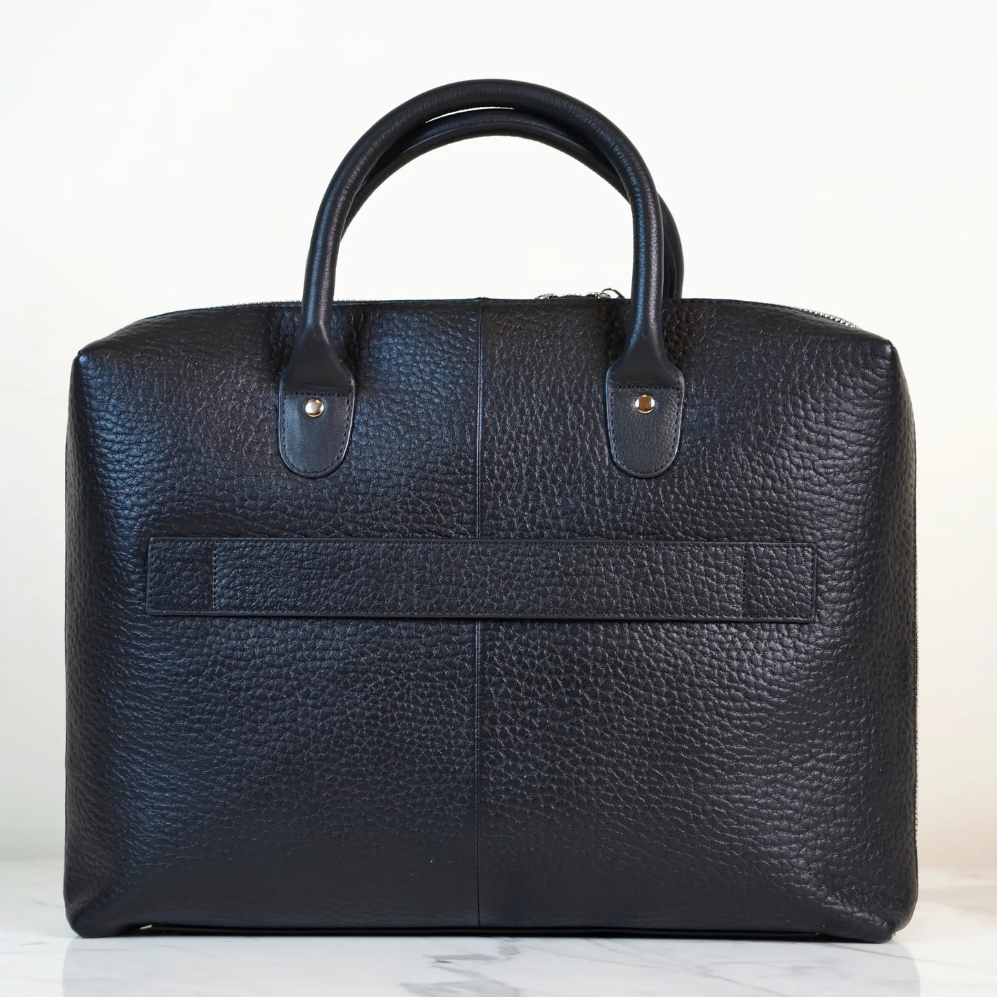 Black Leather Briefcase Bag for Men – Pebbled Finish with Front Pocket & Top Handles
