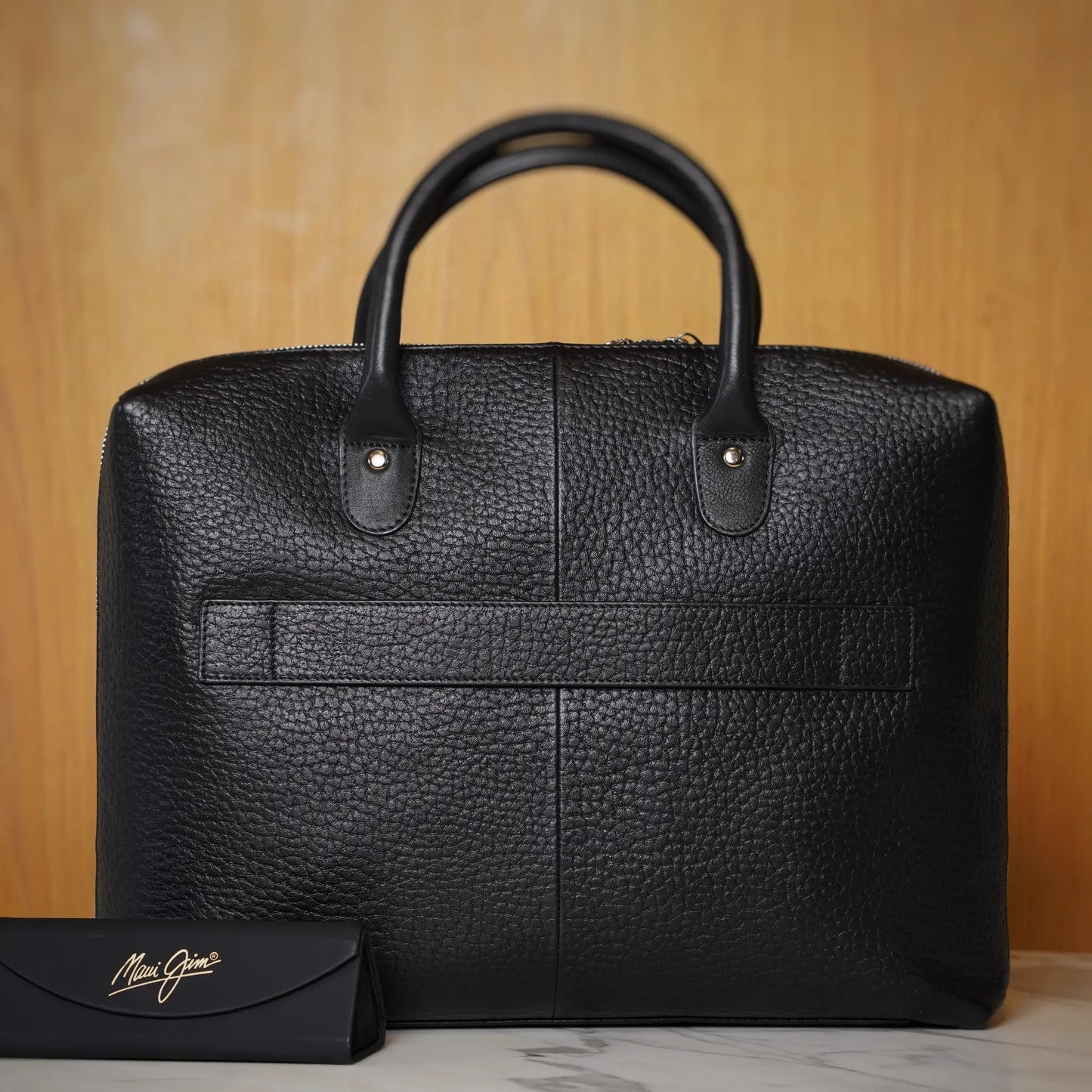 Black Leather Briefcase Bag for Men – Pebbled Finish with Front Pocket & Top Handles