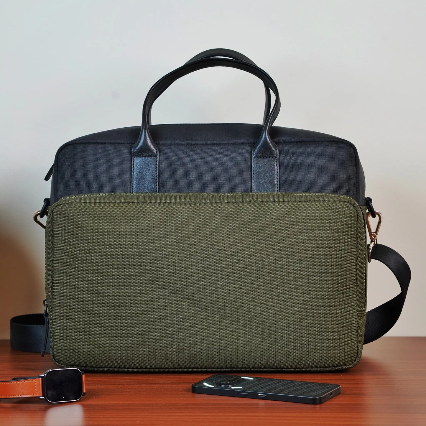 Two-Tone Black & Olive Green Briefcase Bag for Men