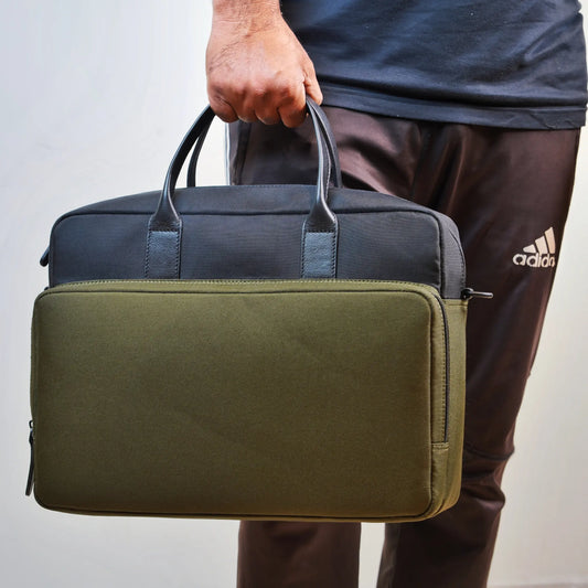 Two-Tone Black & Olive Green Briefcase Bag for Men