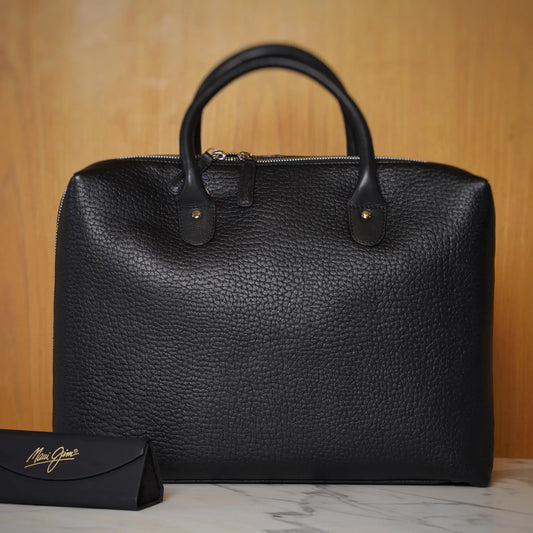 Black Leather Briefcase Bag for Men – Pebbled Finish with Front Pocket & Top Handles