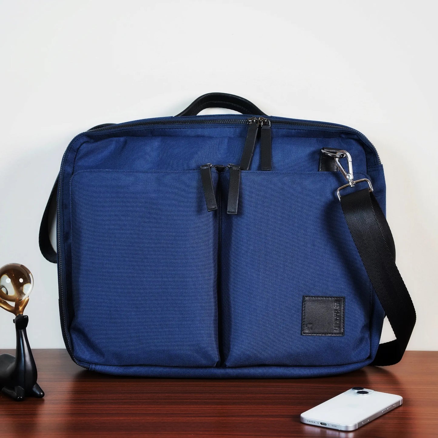 Dark Blue Canvas Messenger Bag with Leather Accents & Multi-Pockets