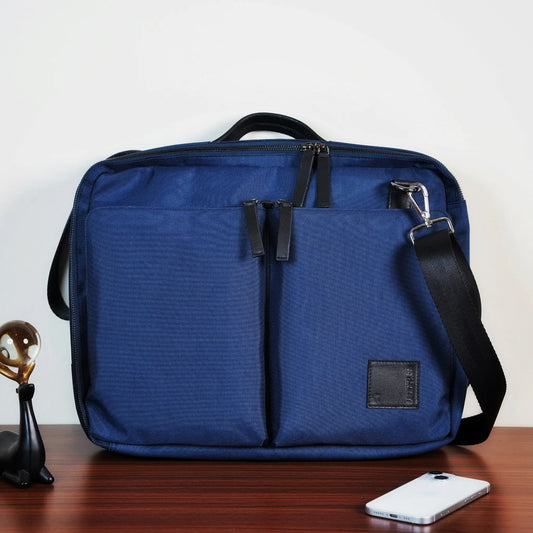 Dark Blue Canvas Messenger Bag with Leather Accents & Multi-Pockets