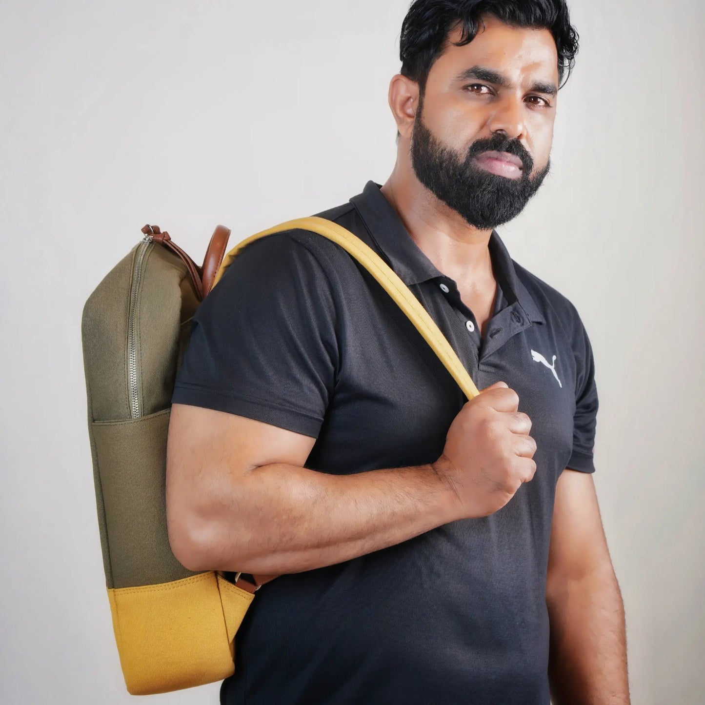 Two-Tone Canvas Backpack Bag with Dark Olive Top and Yellow Bottom