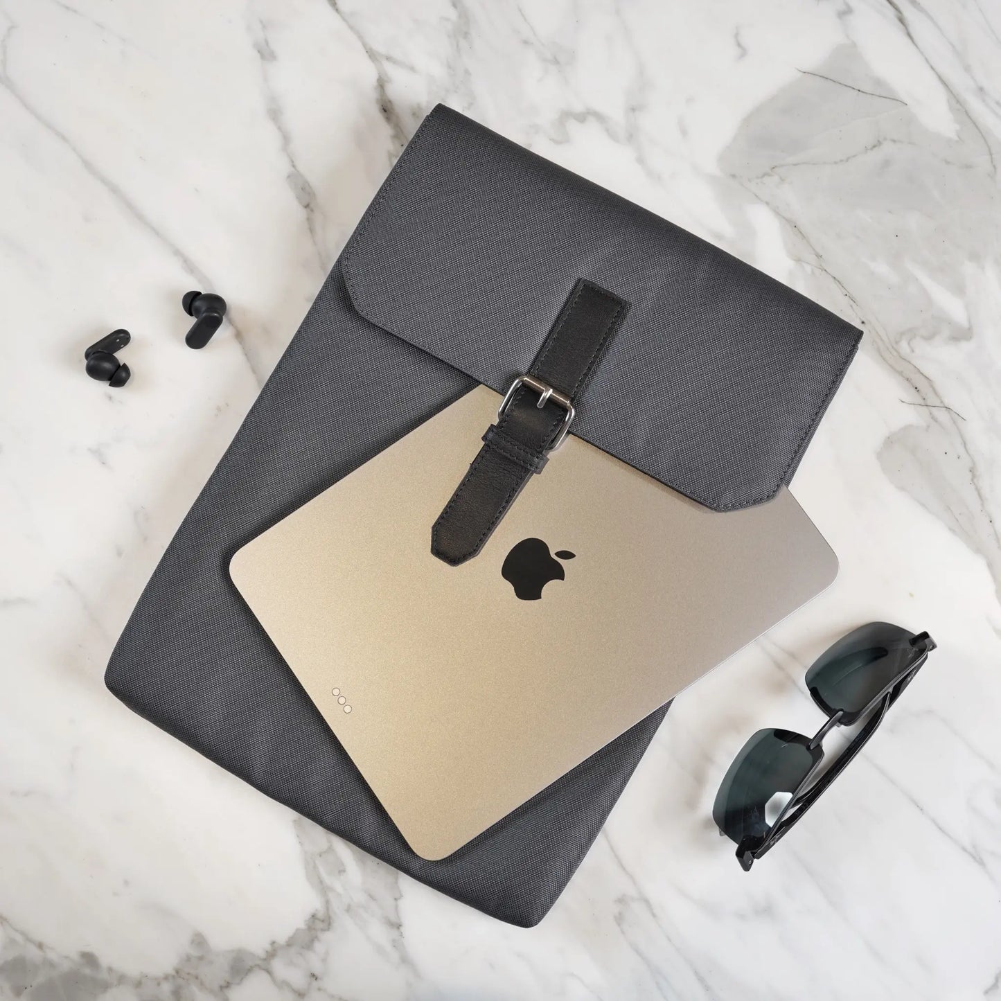 Dark Gray Laptop Bag Sleeve with Black Leather Strap & Buckle