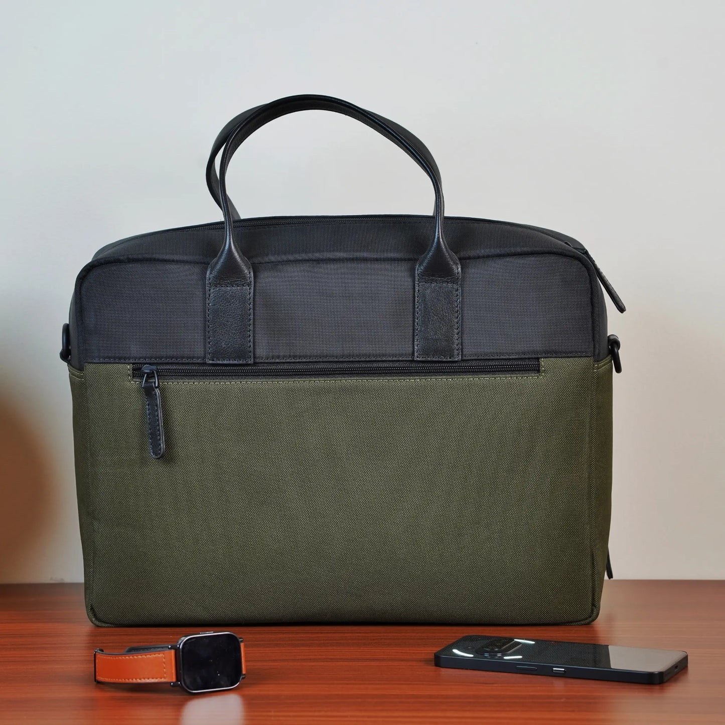 Two-Tone Black & Olive Green Briefcase Bag for Men