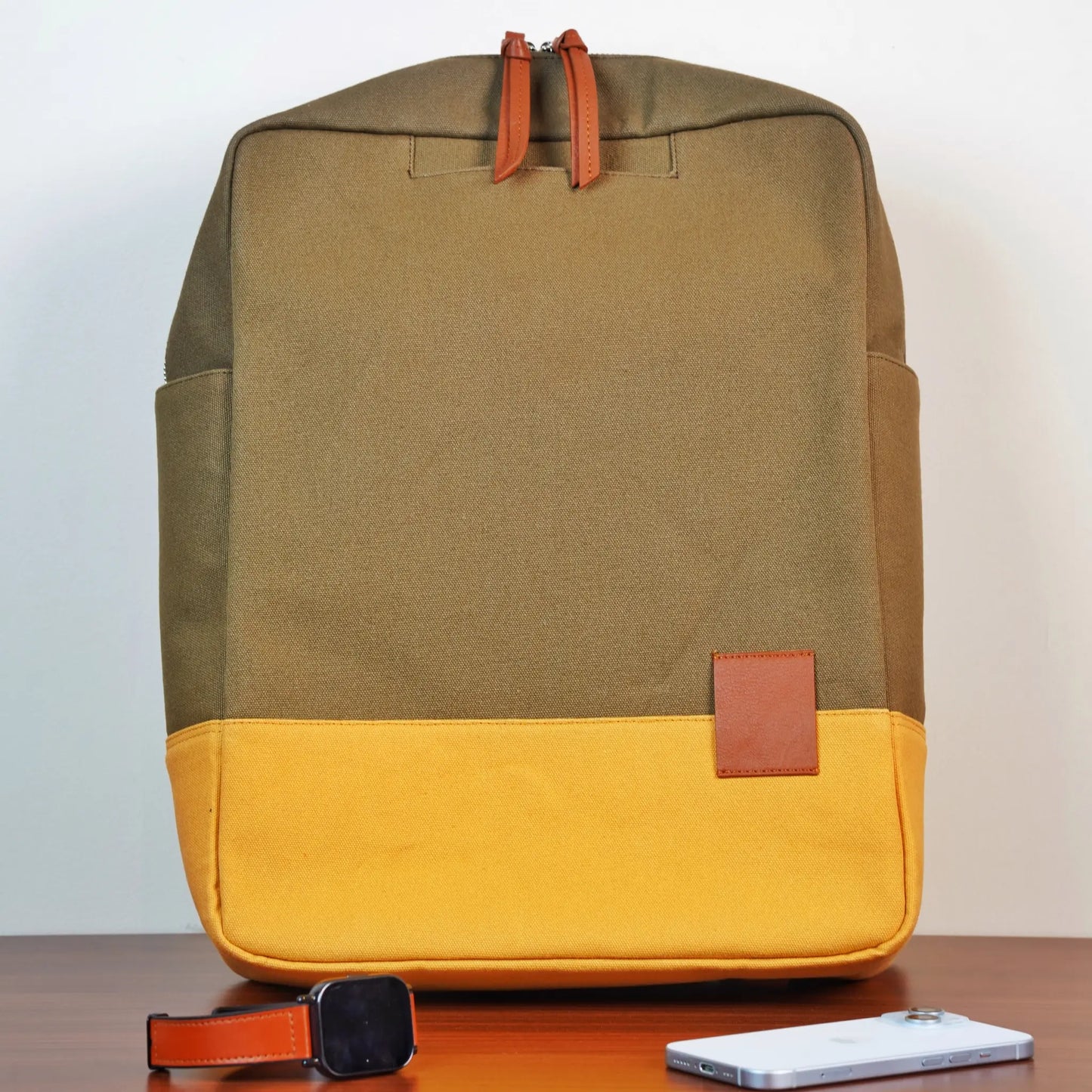Two-Tone Canvas Backpack Bag with Dark Olive Top and Yellow Bottom