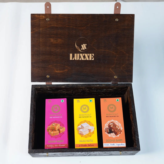 MishtCult Luxury Wooden Sweet Box with Besan Barfi, Kaju Katli & Doodha Barfi
