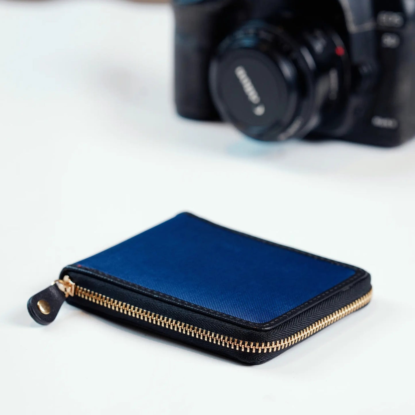 Dark Blue Fabric Wallet for Men with Black Leather Trim and Gold Zipper – Compact Bifold Card Holder