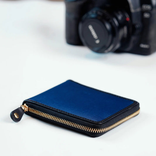 Dark Blue Fabric Wallet for Men with Black Leather Trim and Gold Zipper – Compact Bifold Card Holder