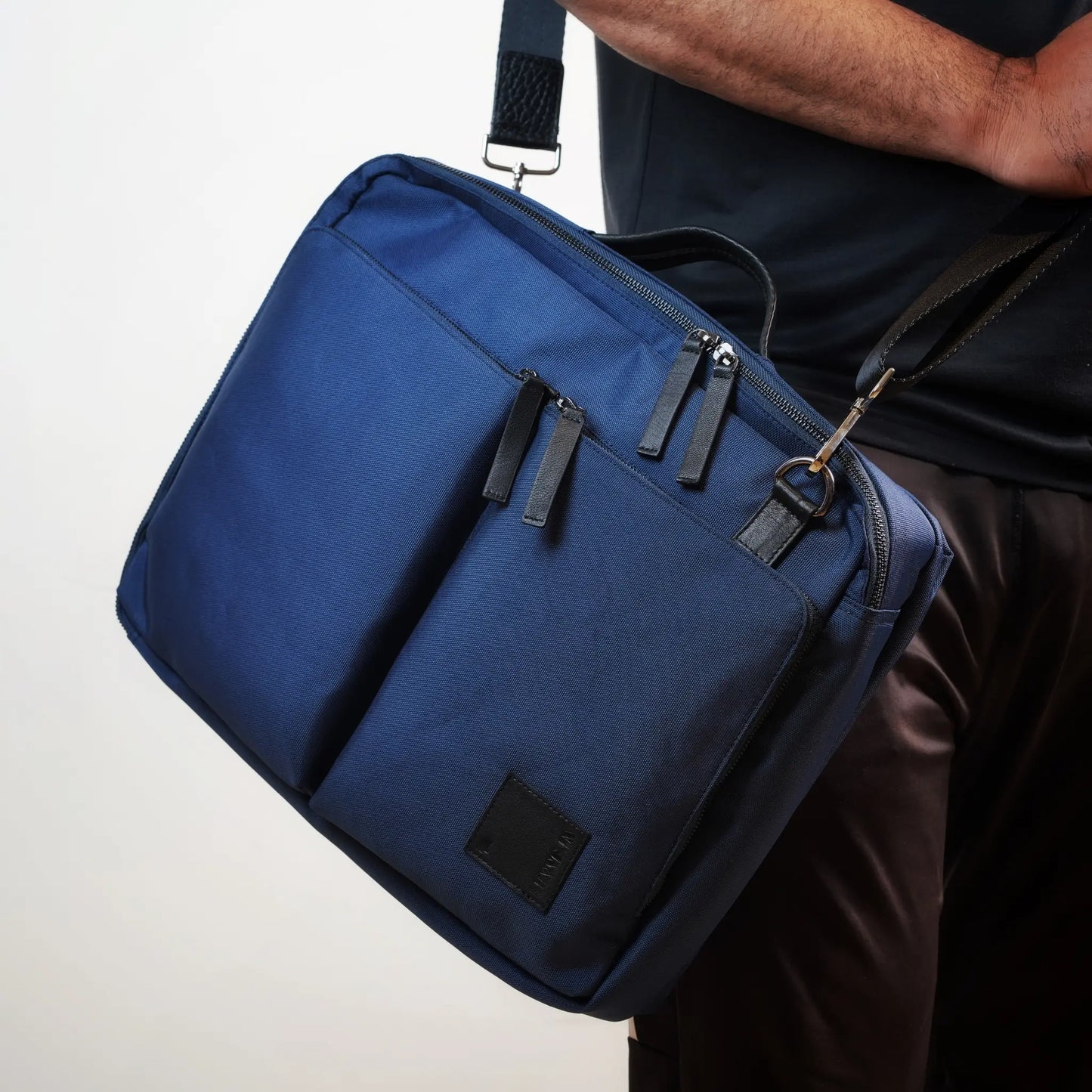 Dark Blue Canvas Messenger Bag with Leather Accents & Multi-Pockets