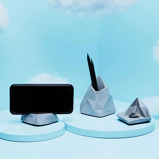 Concrete Low Poly Desktop Organiser – Set of Three – Grey