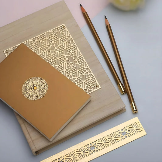 Tussar Silk Journal, Gold plated Ruler & Stationery